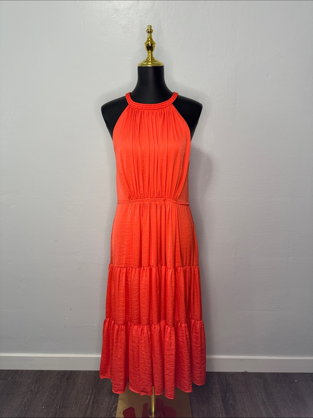 Elie Tahari Coral-Red Halter Tiered Midi Dress